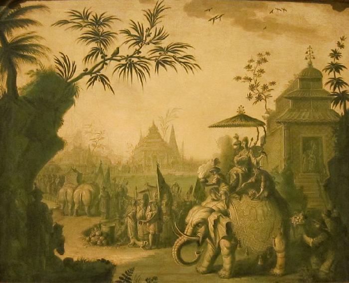 Jean-Baptiste Pillement A Chinoiserie Procession of Figures Riding on Elephants with Temples Beyond Sweden oil painting art